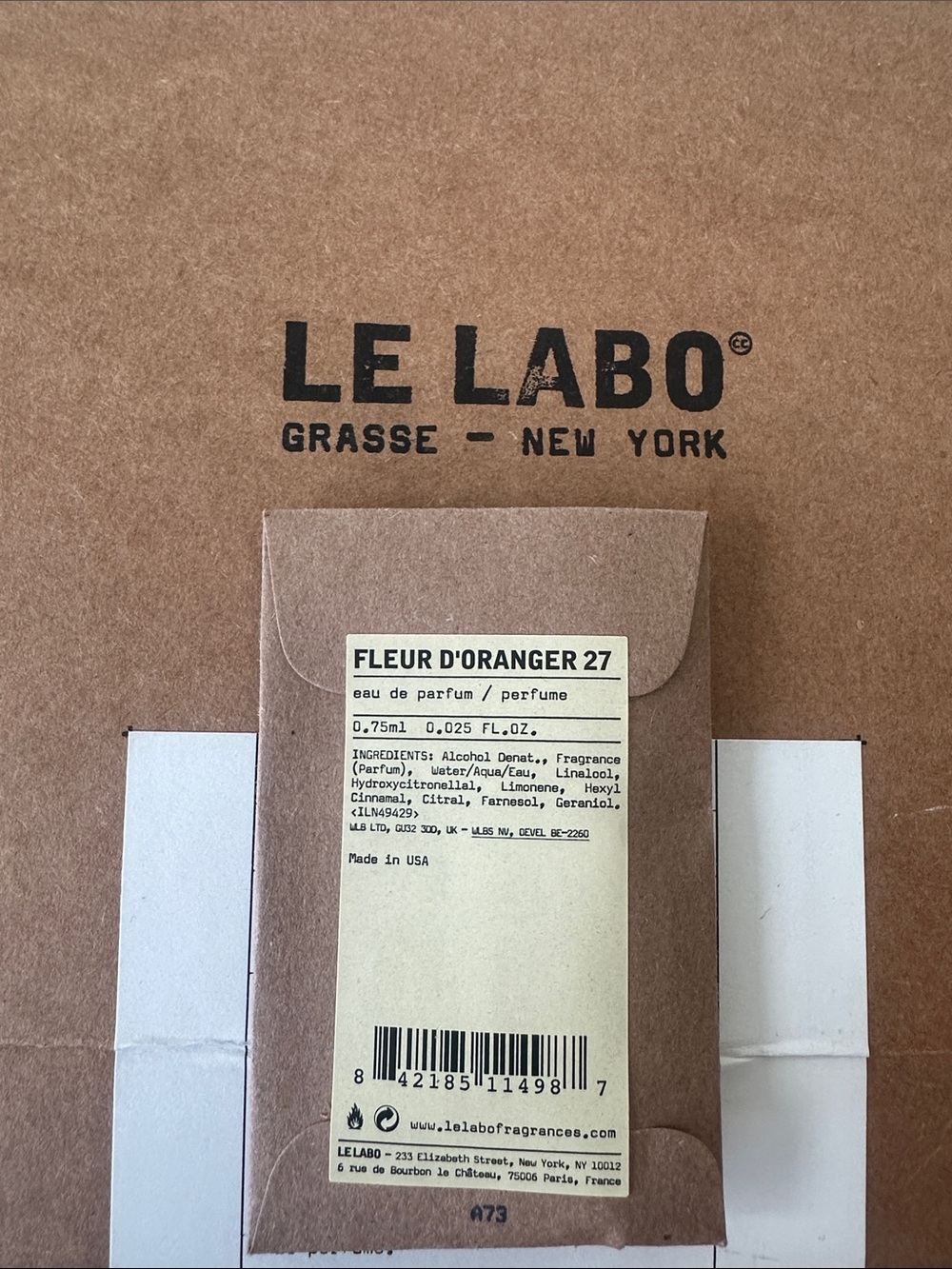 Le Labo Brown Kraft Fleur d'Oranger 27 Sample with Cream Label